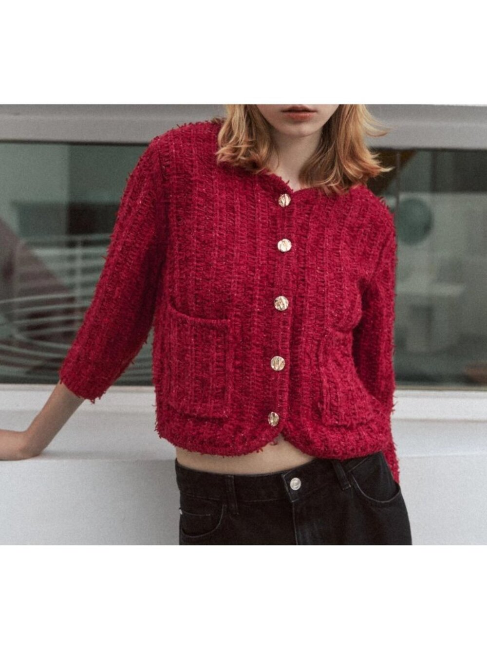 Zara Womens Sweater S Red Knit Cardigan 3/4 Sleeve Gold Button Crop 4192/006 NWT